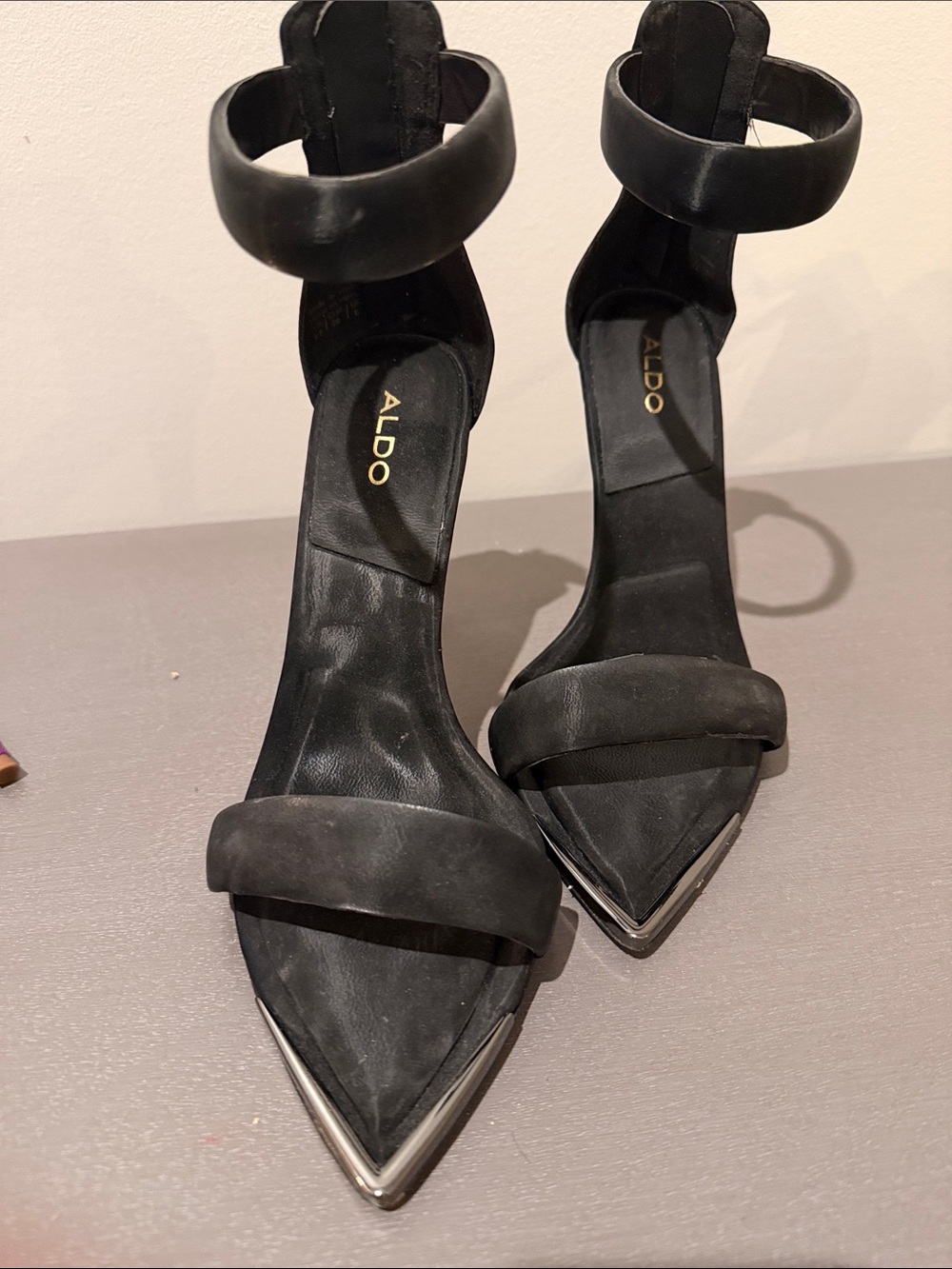 Aldo Black Pointed-Toe Ankle-Strap Stiletto Heels